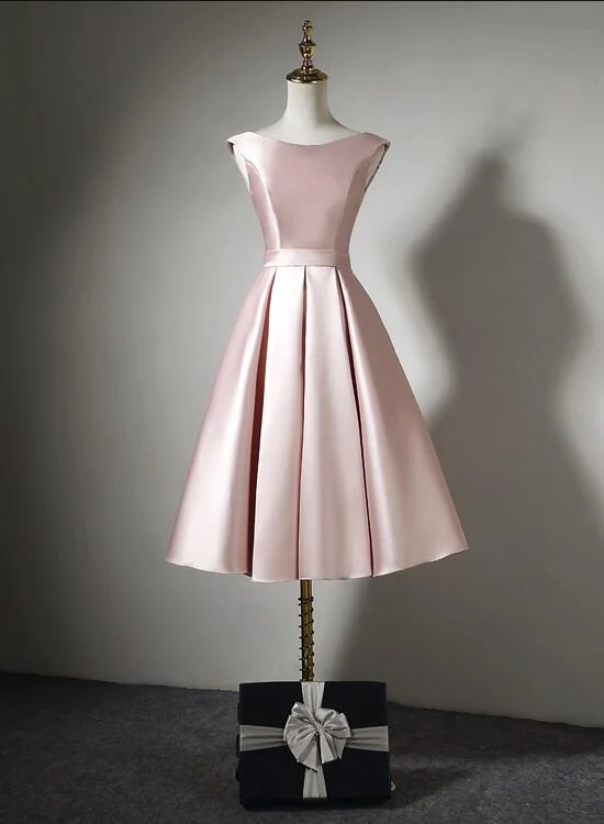 Light Pink Tea Length Satin Wedding Party Dress, Pink Evening Party Dress, Homecoming Dresses Tunics Stylish modern Light Pink Tea Length Satin Wedding Party Dress, Pink Evening Party Dress, Homecoming Dresses Tunics Stylish modern