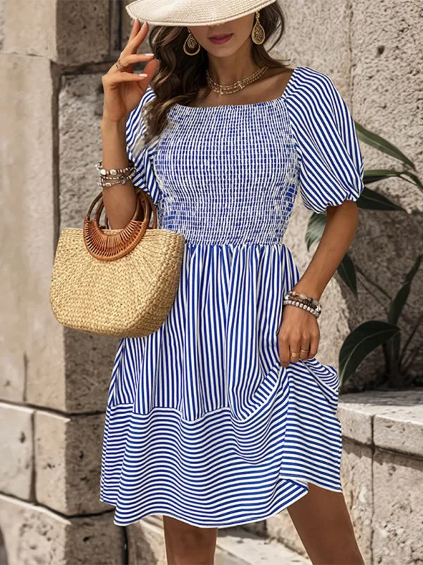 New fashionable puff sleeve striped skirt lapel short sleeve strappy backless dress Tunics Stylish elegant New fashionable puff sleeve striped skirt lapel short sleeve strappy backless dress Tunics Stylish elegant