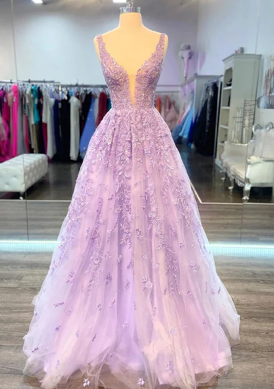 A-line Plunging Sleeveless Floor-Length Lilac Lace Prom Party Dress, Beading Tunics Satin smooth A-line Plunging Sleeveless Floor-Length Lilac Lace Prom Party Dress, Beading Tunics Satin smooth