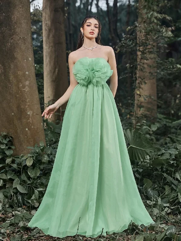 Elegant Organza Flower Decorate Strapless Party Dress Tunics Print Colorful