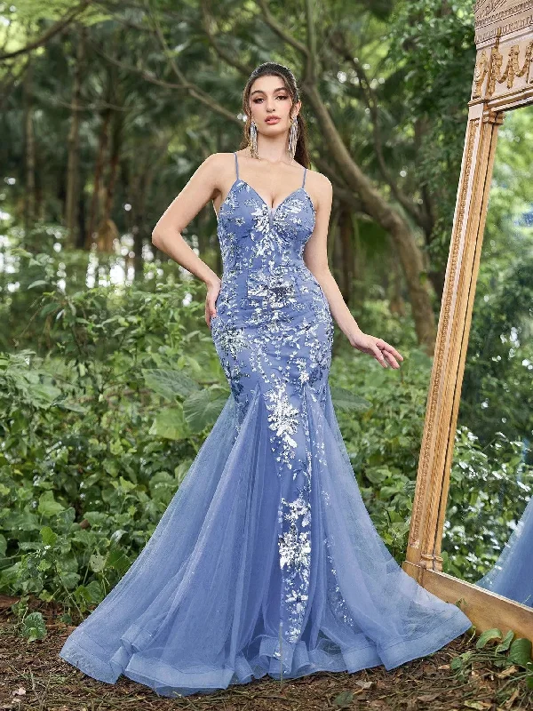 Luxury Lace-Up Back Mermaid Hem Floral Sequin Slip Party Dress Crew Neckline Casual