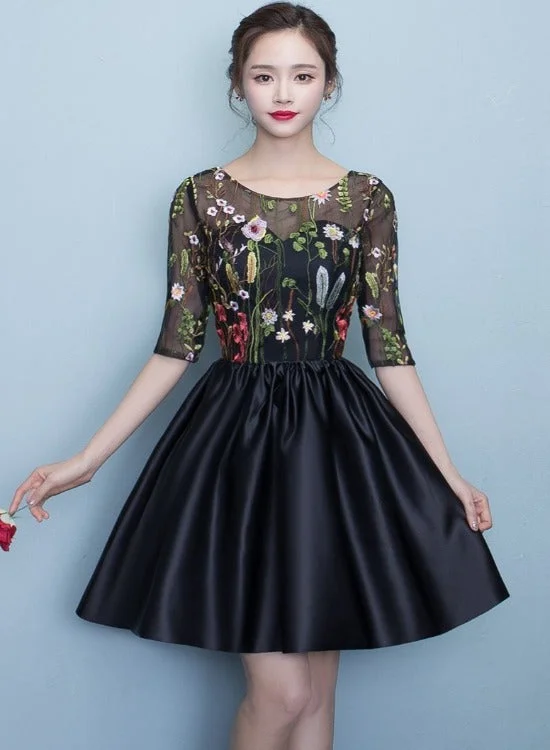 Black Floral Lace Short Sleeves Homeocming Dress, Back Party Dress Wedding Party Dress Tunics Polka dots Black Floral Lace Short Sleeves Homeocming Dress, Back Party Dress Wedding Party Dress Tunics Polka dots