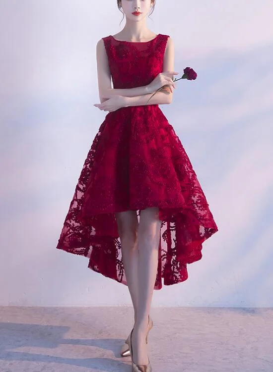 Wine Red Lace High Low Charming Formal Dress, Junior Party Dress, Cute Prom Dress Tunics Denim casual Wine Red Lace High Low Charming Formal Dress, Junior Party Dress, Cute Prom Dress Tunics Denim casual