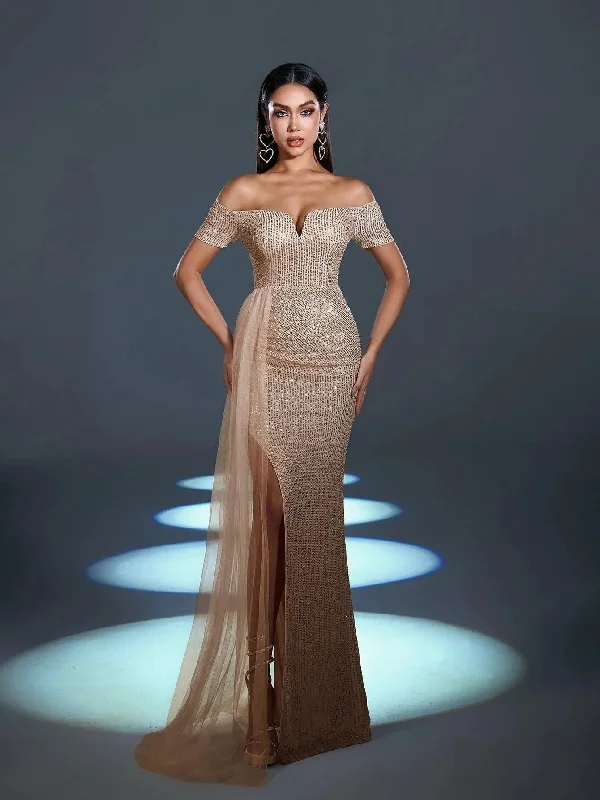 Sweetheart Neck Off Shoulder Split Thigh Sequin Party Dress Lace Sexy Club