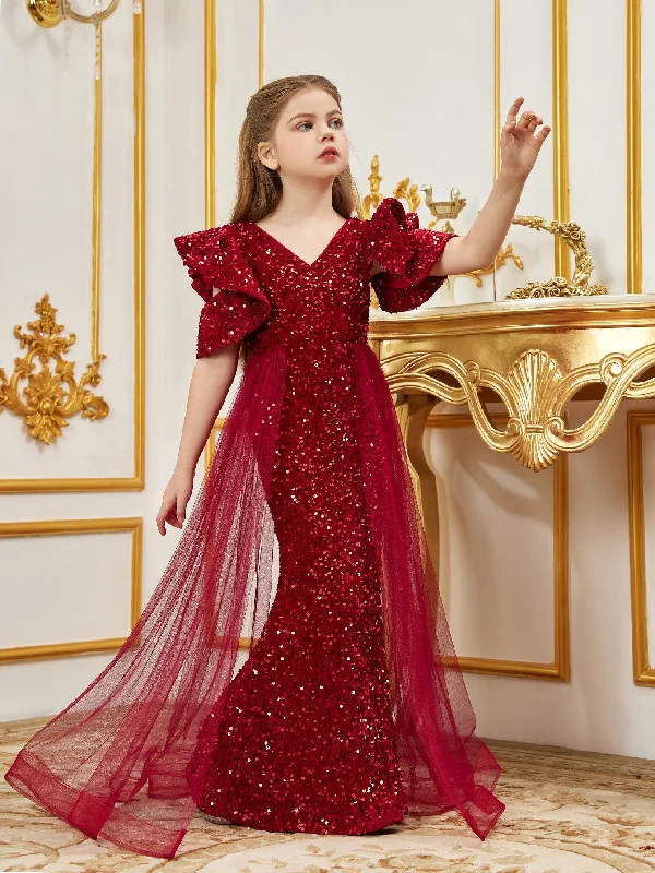 Tween Girls' V Neck Ruffle Sleeves Mesh Overlay Sequin Party Dress Tunics Stylish elegant Tween Girls' V Neck Ruffle Sleeves Mesh Overlay Sequin Party Dress Tunics Stylish elegant
