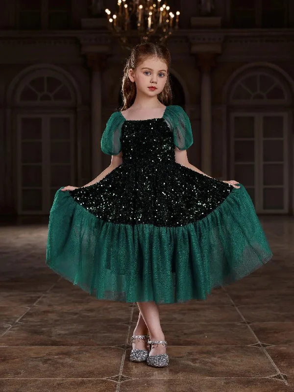 Tween Girls' Puff Sleeves Contrast Mesh Sequin Party Dress Tunics Handmade artisanal