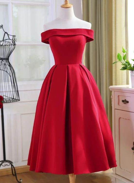Red Tea Length Vintage Style Wedding Party Dress, Off Shoulder Formal Dress, Red Party Dress Tunics Sophisticated sleek Red Tea Length Vintage Style Wedding Party Dress, Off Shoulder Formal Dress, Red Party Dress Tunics Sophisticated sleek