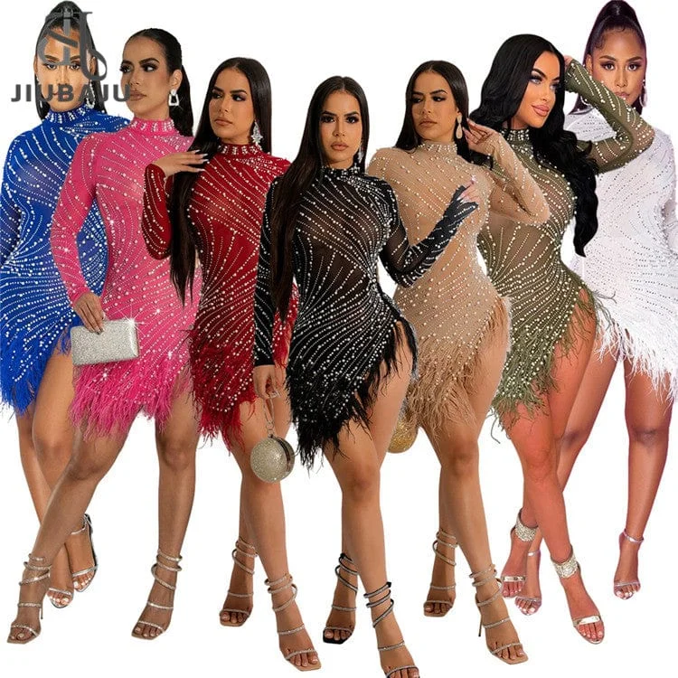 New Long Sleeve Diamonds Sexy Bodycon Mesh See Through Party Dresses for Women Feather Pearls Black Irregular Club Dress Tunics Bridal satin New Long Sleeve Diamonds Sexy Bodycon Mesh See Through Party Dresses for Women Feather Pearls Black Irregular Club Dress Tunics Bridal satin