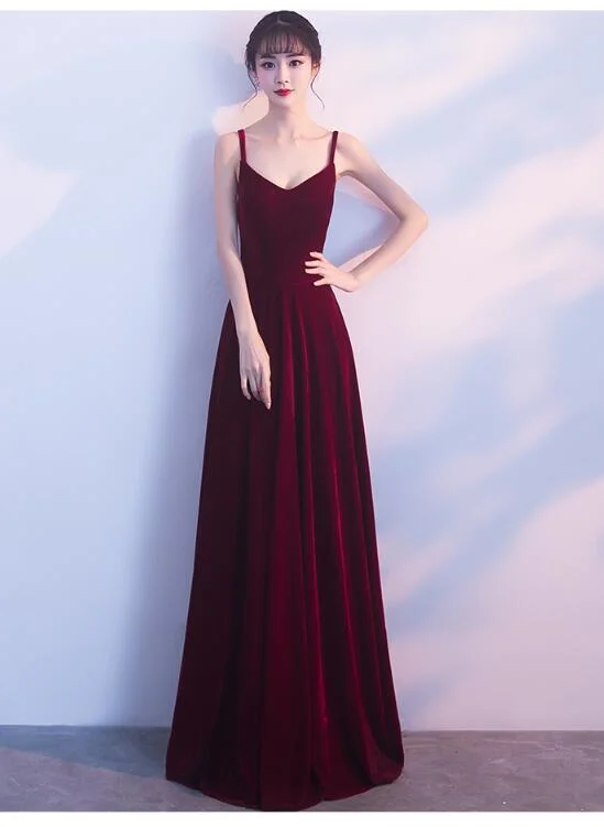 Wine Red Straps Velvet Long Bridesmaid Dress , Party Dress Tunics Brand named