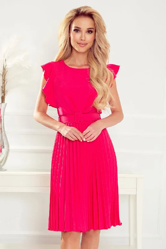 Pleated dress with a belt - raspberry color Tunics Sophisticated sleek