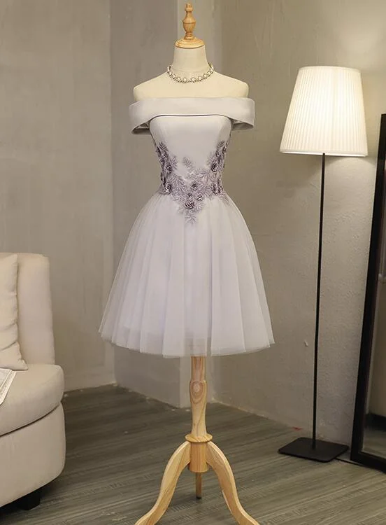 Light Grey Formal Dress, Off Shoulder Knee Length Prom Dress, Party Dress Tunics Cozy comfortable Light Grey Formal Dress, Off Shoulder Knee Length Prom Dress, Party Dress Tunics Cozy comfortable