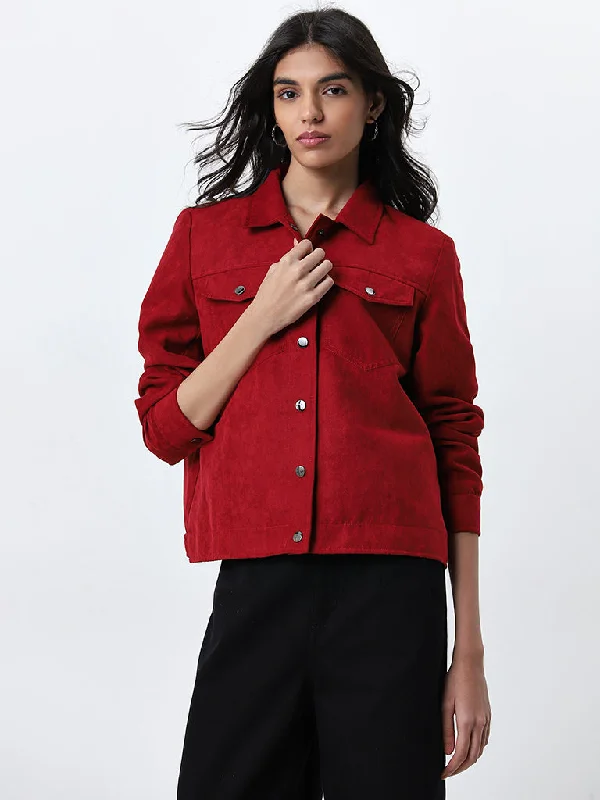LOV Red Velvet Textured Jacket Knit Jacket Woven Jacket Fleece Jacket