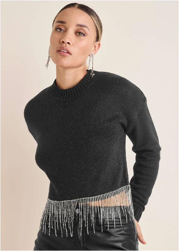 Rhinestone Trim Sweater  - Black Ribbed Striped Patterned