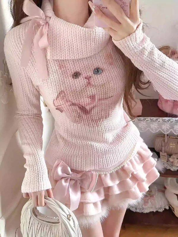 Cute Persian cat lapel sweater Spandex Rayon Corduroy