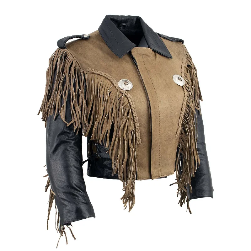 Leather King SH2015 Ladies ‘Fringed’ Cropped Two Tone Jacket with Braiding Detail Nylon Jacket Polyester Jacket Spandex Jacket Leather King SH2015 Ladies ‘Fringed’ Cropped Two Tone Jacket with Braiding Detail Nylon Jacket Polyester Jacket Spandex Jacket