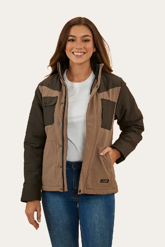 Whitney Womens Puffer Jacket - Mushroom A-Line Jacket Boat Neck Shawl Collar