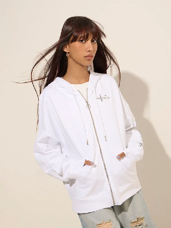 Nuon White Printed Cotton Hooded Jacket Wool Jacket Cashmere Jacket Tweed Jacket