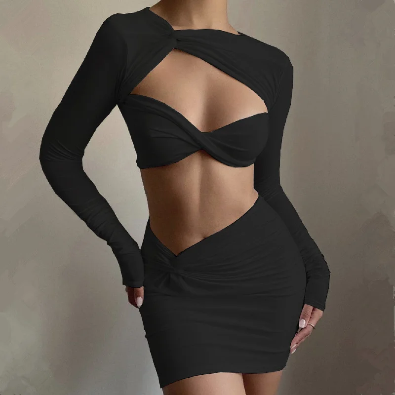 Sexy Midriff Long-sleeved Skirt Two-piece Spice Outfit breathable skirt fabric