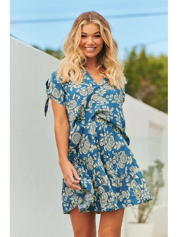 JAASE Day Dream Sea Print Cha Cha Mini Skirt - Blue belted skirt waist