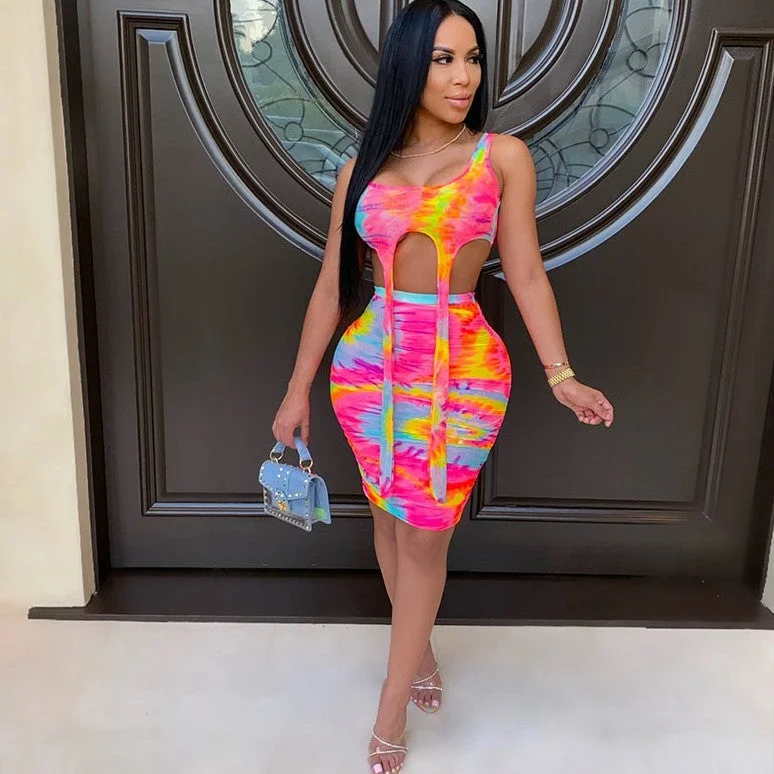 Printed Tie-dye Casual Skirt Outfit Vest Two-piece Set slim fit skirt