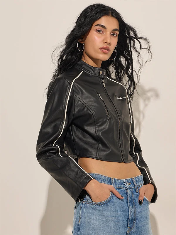 Nuon Black Text Design Faux-Leather Crop Jacket Corduroy Jacket Velvet Jacket Brocade Jacket Nuon Black Text Design Faux-Leather Crop Jacket Corduroy Jacket Velvet Jacket Brocade Jacket
