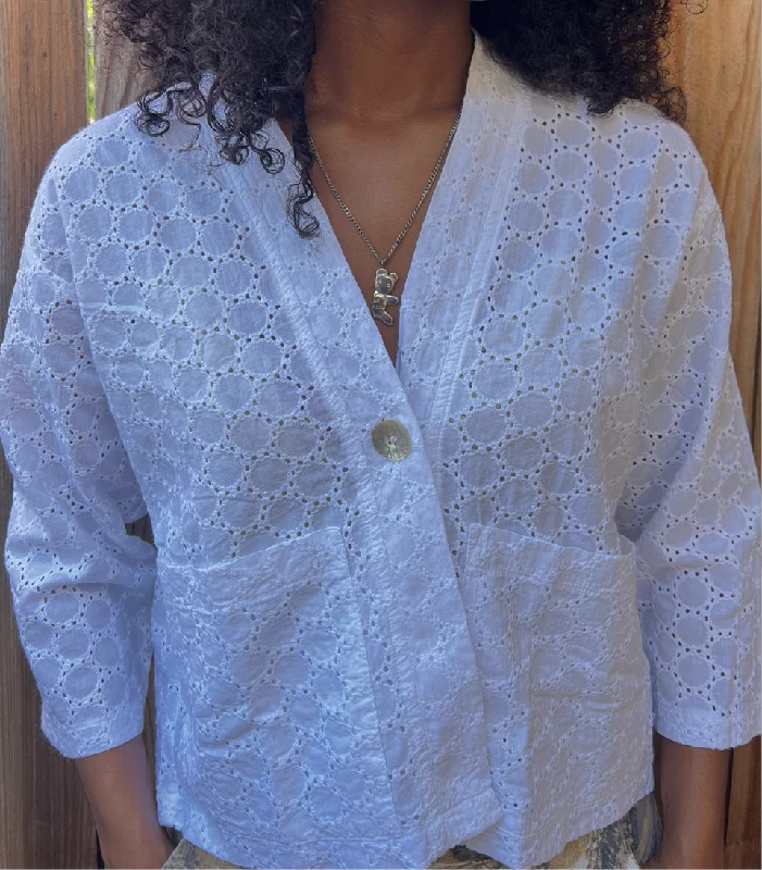 Crop 3/4 Sleeve Jacket - White Eyelet Anorak Shell Jacket Lightweight Jacket