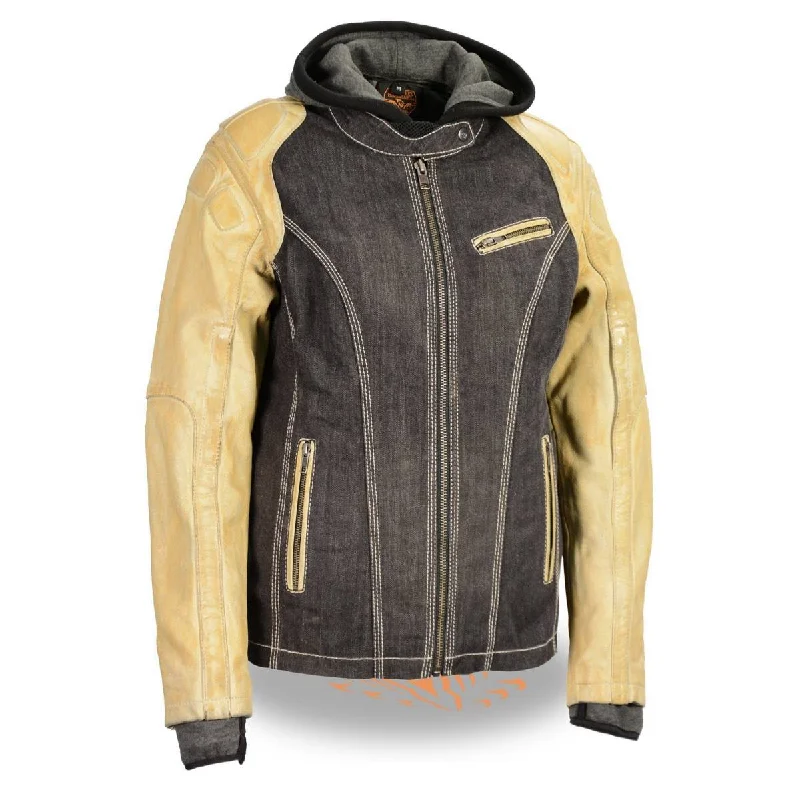 Milwaukee Leather MDL2005 Ladies Hooded Two Tone Black and Beige Denim and Leather Scuba Jacket Ribbed Jacket Pleated Jacket Ruffled Jacket Milwaukee Leather MDL2005 Ladies Hooded Two Tone Black and Beige Denim and Leather Scuba Jacket Ribbed Jacket Pleated Jacket Ruffled Jacket