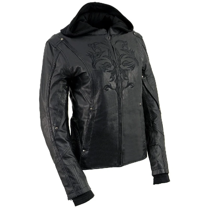 Milwaukee Leather ML2066 Women's 3/4 Black Leather Hoodie Jacket with Reflective Tribal Design Chenille Jacket Brocade Jacket Lace Jacket Milwaukee Leather ML2066 Women's 3/4 Black Leather Hoodie Jacket with Reflective Tribal Design Chenille Jacket Brocade Jacket Lace Jacket