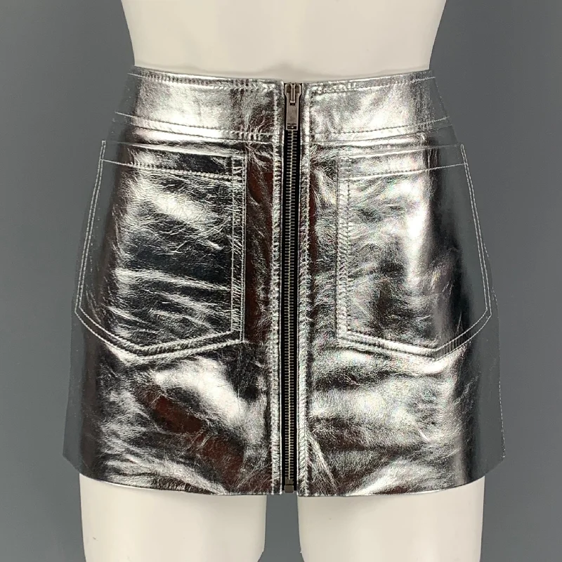 SAINT LAURENT 2022 Size 4 Silver Leather High Waist Mini Skirt cotton skirt soft