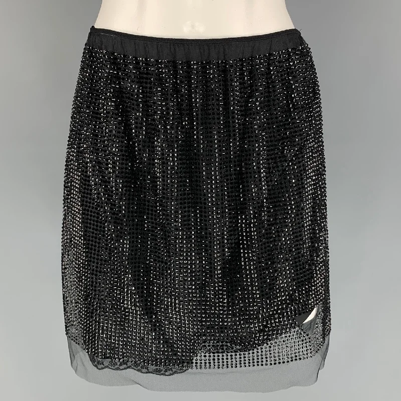 PRADA Size 6 Black Nylon Crystal Tulle Mini Skirt belted skirt waist