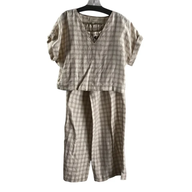 LOFT Size SMALL Beige/White Check Short Sleeve Linen PANT SET High-Waist Jeans