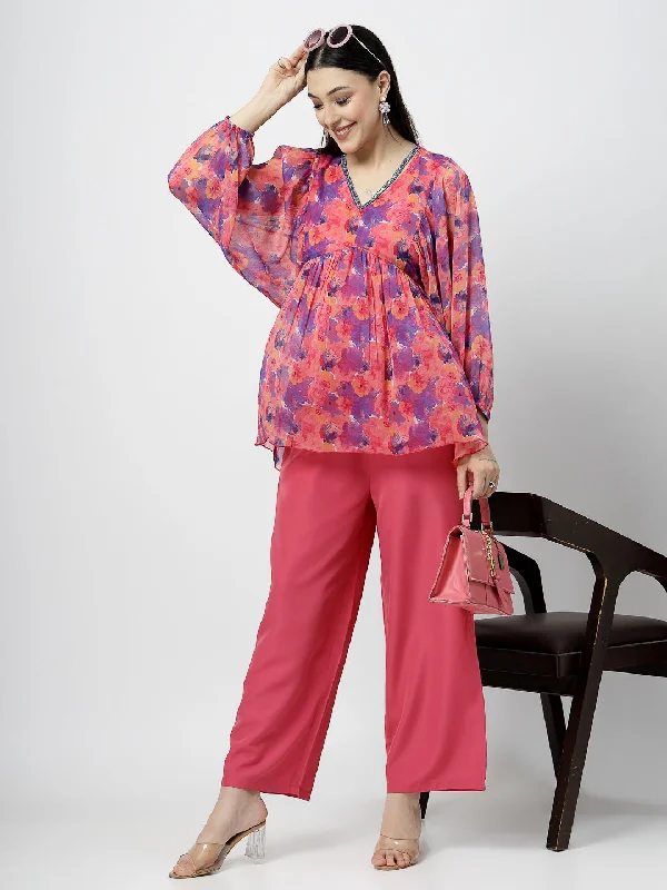 V-Neck Printed Kimono Chiffon Top with Poly Crape Straight Pant Chic Capri Pants