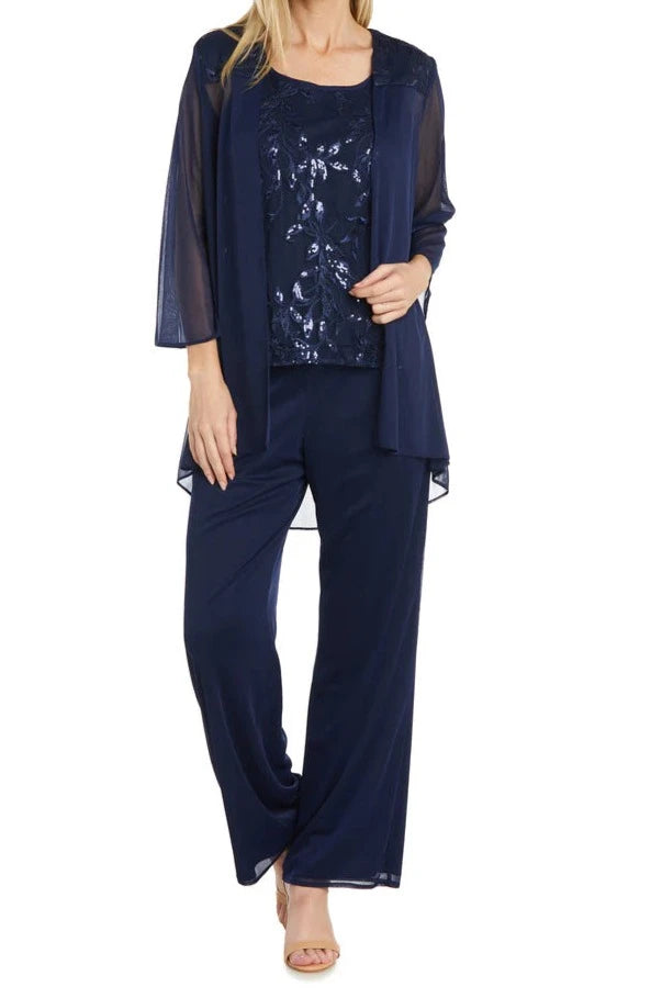 THREE-PIECE PANT SUIT WITH EMBELLISHED JACKET - NAVY Cozy Fitted Pants