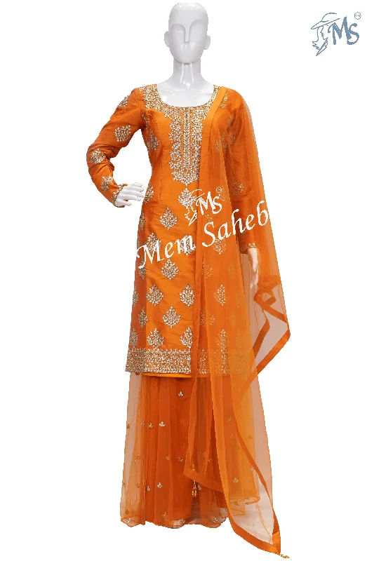 Indo Western Orange Raw Silk Gota Work Top with Net Palazzo Pant Formal Linen Trousers Indo Western Orange Raw Silk Gota Work Top with Net Palazzo Pant Formal Linen Trousers
