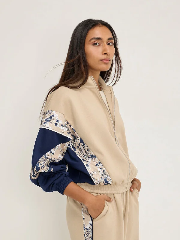 LOV Beige Abstract Design Jacket Cotton Fabric Linen Fabric Terry Fabric