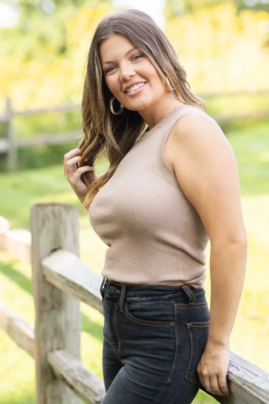 Tan Rib Knit Lightweight Sweater Tank Fleece Sweater Nylon Polyester