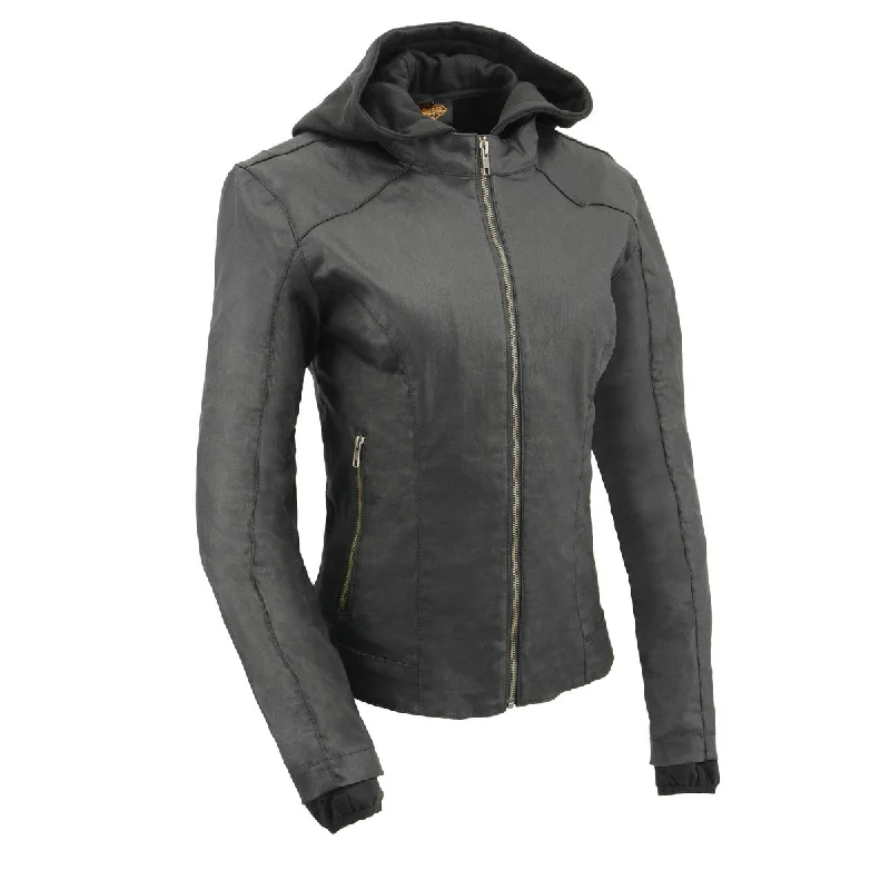Milwaukee Leather MPL2745 Women's Black Zipper Front Jacket with Full Sleeve Removable Hoodie Rayon Fabric Velvet Fabric Corduroy Fabric Milwaukee Leather MPL2745 Women's Black Zipper Front Jacket with Full Sleeve Removable Hoodie Rayon Fabric Velvet Fabric Corduroy Fabric