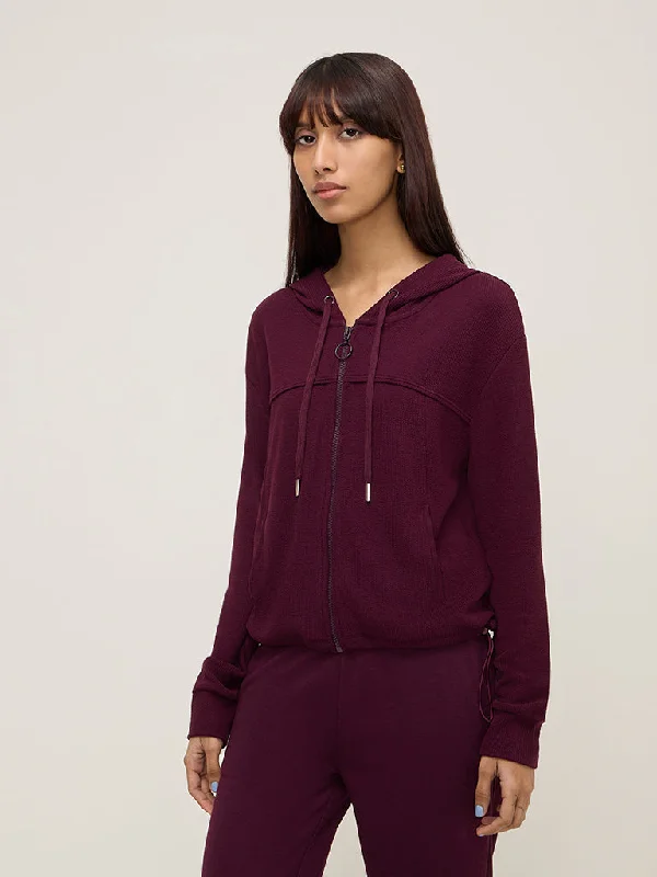 Studiofit Wine Self-Textured Cotton-Blend Jacket Zip Front Button Front Snap Front