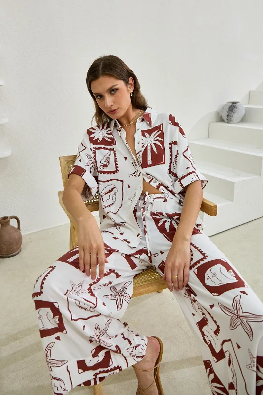 Mira Brown Sea Shells Tropical Wide Leg Pants Classic Straight-Leg Pants