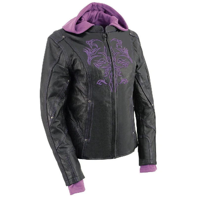 Milwaukee Leather ML2067 Women's 3/4 Black and Purple Leather Hoodie Jacket with Reflective Tribal Design Zippered Front Buttoned Front Snap Front Milwaukee Leather ML2067 Women's 3/4 Black and Purple Leather Hoodie Jacket with Reflective Tribal Design Zippered Front Buttoned Front Snap Front