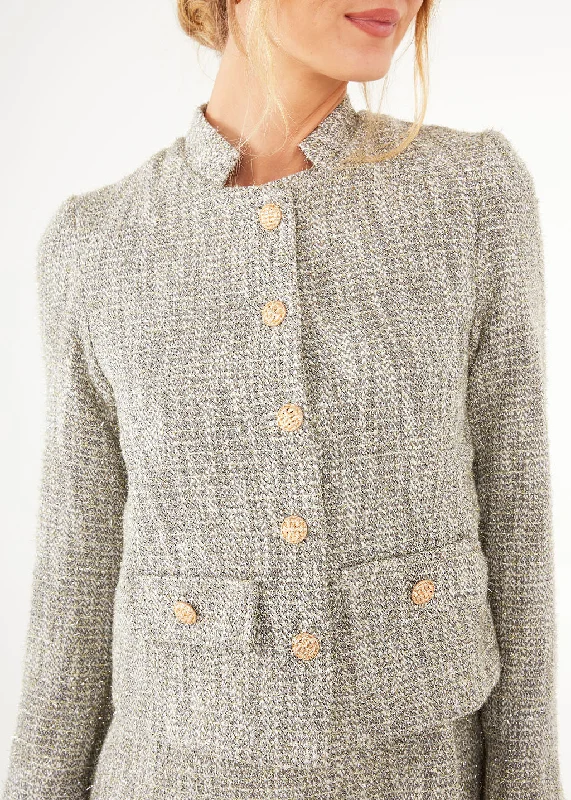 Onassis Jacket Silver Sparkle Tweed Faux Fur Jacket Real Fur Jacket Shearling Jacket
