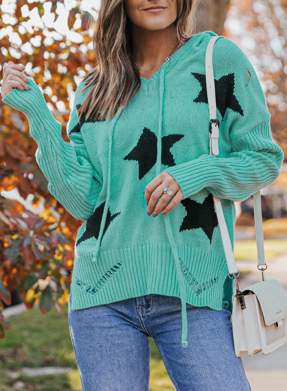 Rue Star Distressed Slit Hooded Sweater Terry Blend Velvet Blend Canvas Blend
