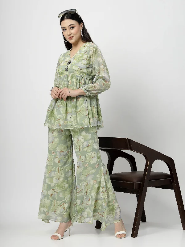 Olive Green Printed Peplum Top & Flared Pants Set Trendy Wide-Leg Pants