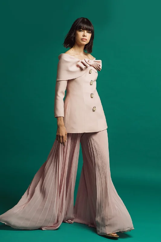 Off shoulder long sleeves jacket featuring pleated pants Casual Plaid Pants