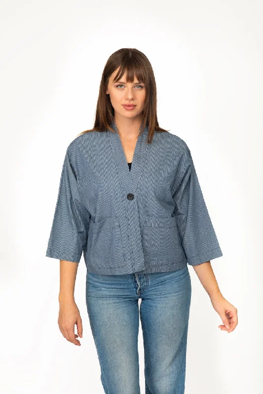 Crop 3/4 Sleeve Jacket - Denim Pinstripe V-Neck Jacket Boat Neck Jacket Square Neck Jacket Crop 3/4 Sleeve Jacket - Denim Pinstripe V-Neck Jacket Boat Neck Jacket Square Neck Jacket