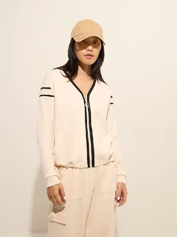 Studiofit Off-White Ribbed Cotton Jacket Boat Neck Shawl Collar Notched Collar