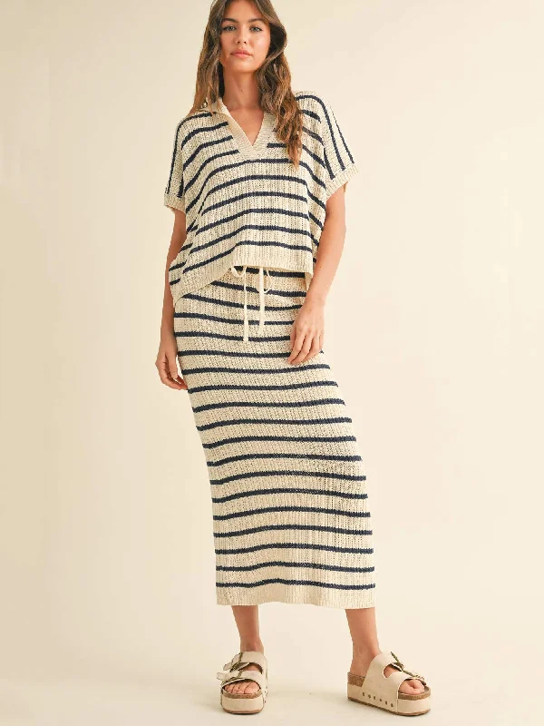 Navy Stripe Knit Midi Skirt cashmere skirt soft