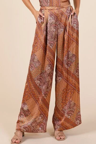 Hazel Blues® |  Mittoshop Paisley Patchwork Print Satin Wide Leg Pants Chic Capri Pants