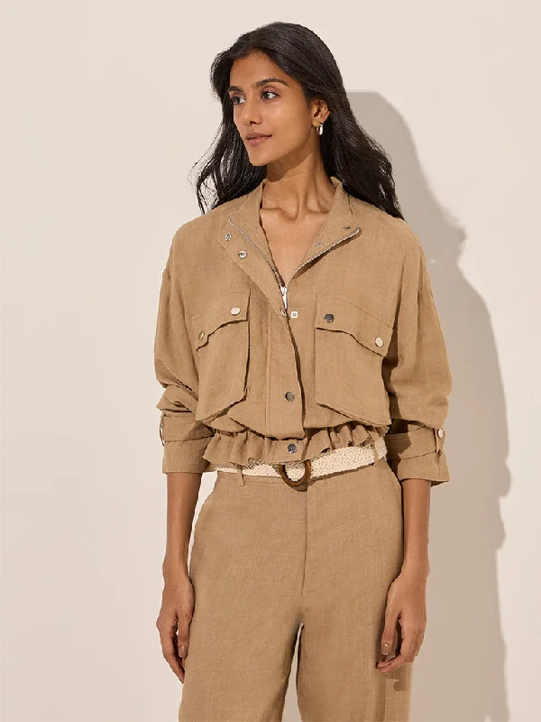 LOV Taupe Linen-Blend Jacket Front Pockets Side Pockets Patch Pockets