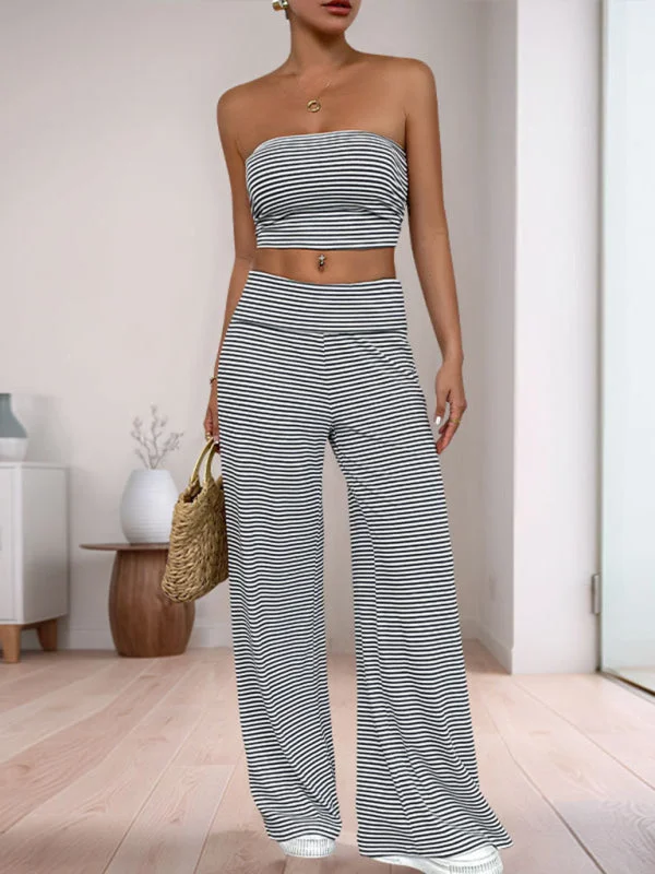 Navel-baring tube top short striped two-piece casual home long pants suit Classic Bootcut Trousers Navel-baring tube top short striped two-piece casual home long pants suit Classic Bootcut Trousers